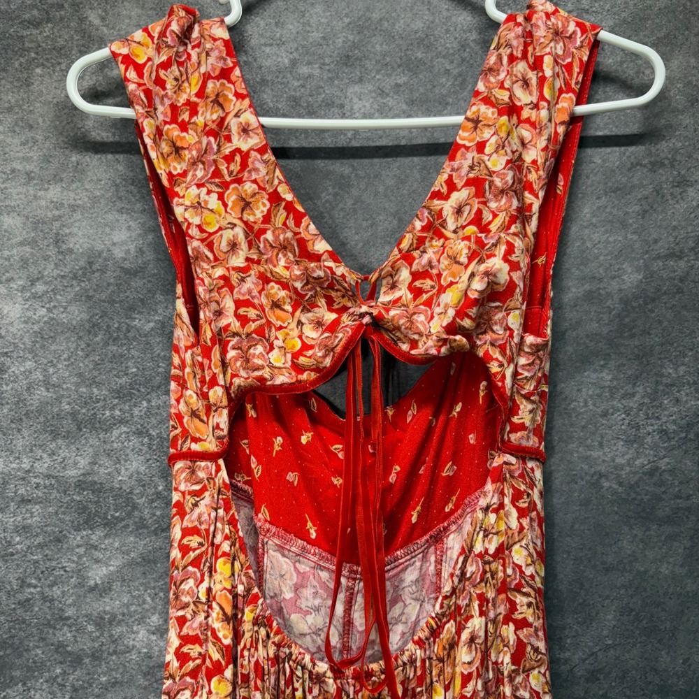 Free People Ponderosa Mini Dress Size M Red Floral Babydoll Lace Up Cut Out Back - Picture 5 of 12